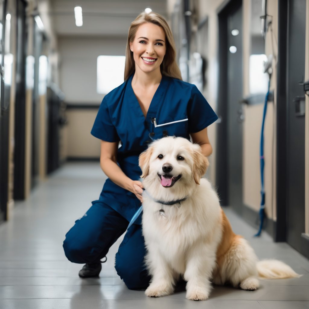 Professional pet care handler providing attentive walking service with well-behaved dog