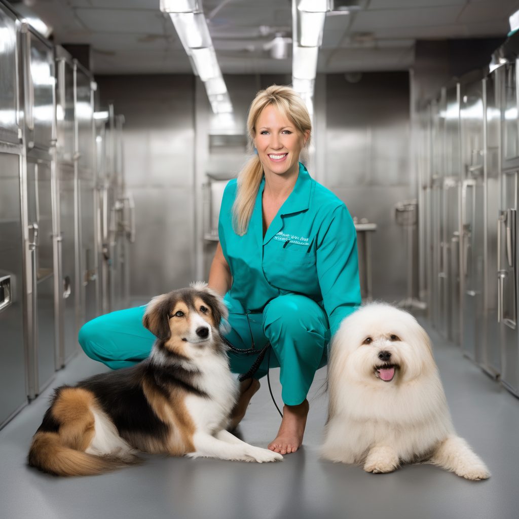 Professional pet care services showcasing trained handlers with well-groomed dogs in modern facility